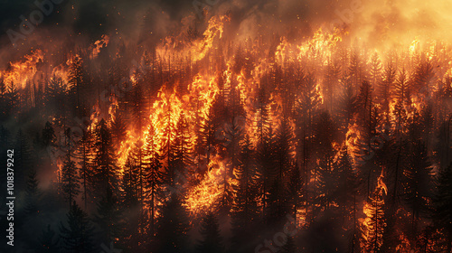 A burning forest with flames and smoke, showcasing the hot and dangerous conditions of a wildfire