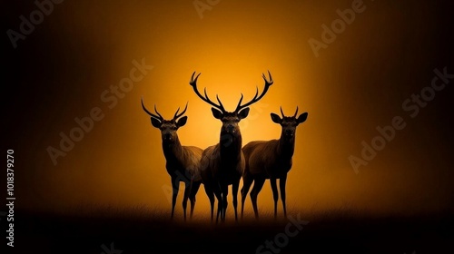 Silhouettes of Three Deer Against a Golden Sunrise: A trio of majestic deer stand silhouetted against the warm glow of a sunrise, their antlers reaching towards the heavens.