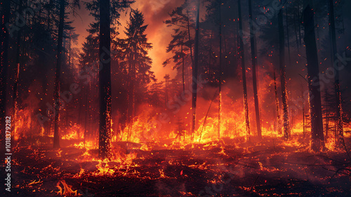 A burning forest with flames and smoke, showcasing the hot and dangerous conditions of a wildfire