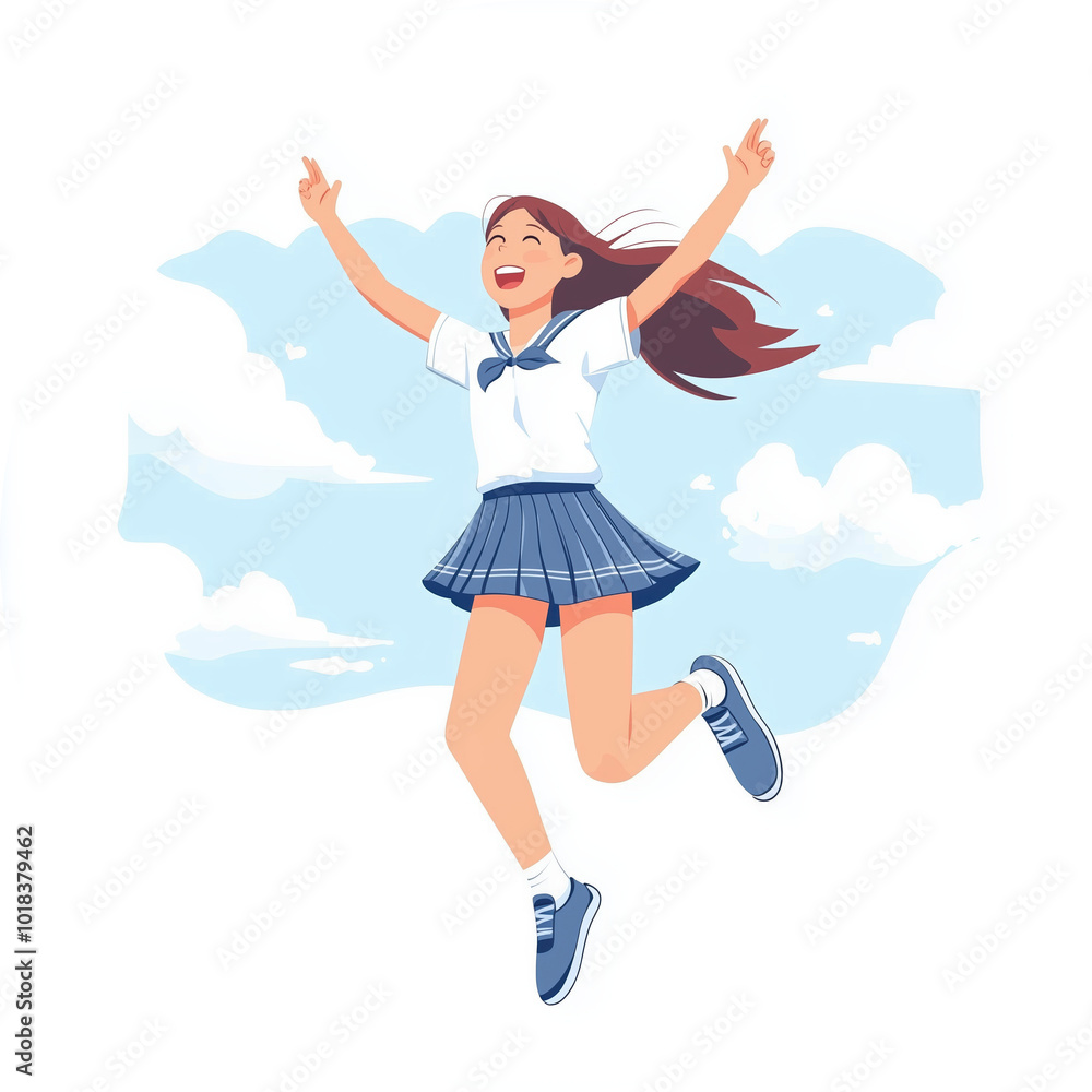 High School Girl Joyfully Leaps Into The Summer Sky With Enthusiasm And Excitement, Embracing The Warmth And Freedom Of The Season. High School Girl Joyfully Leaps Into The Summer Sky With Enthusiasm And Excitement, Embracing The Warmth And Freedom Of The Season.