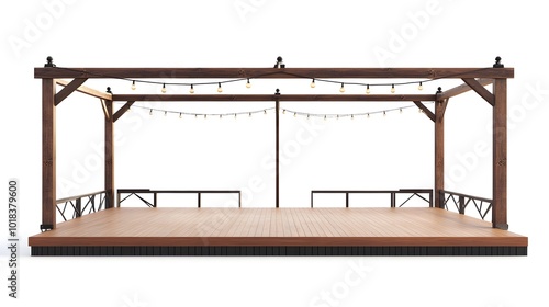 Wooden Stage with String Lights Isolated on White Background