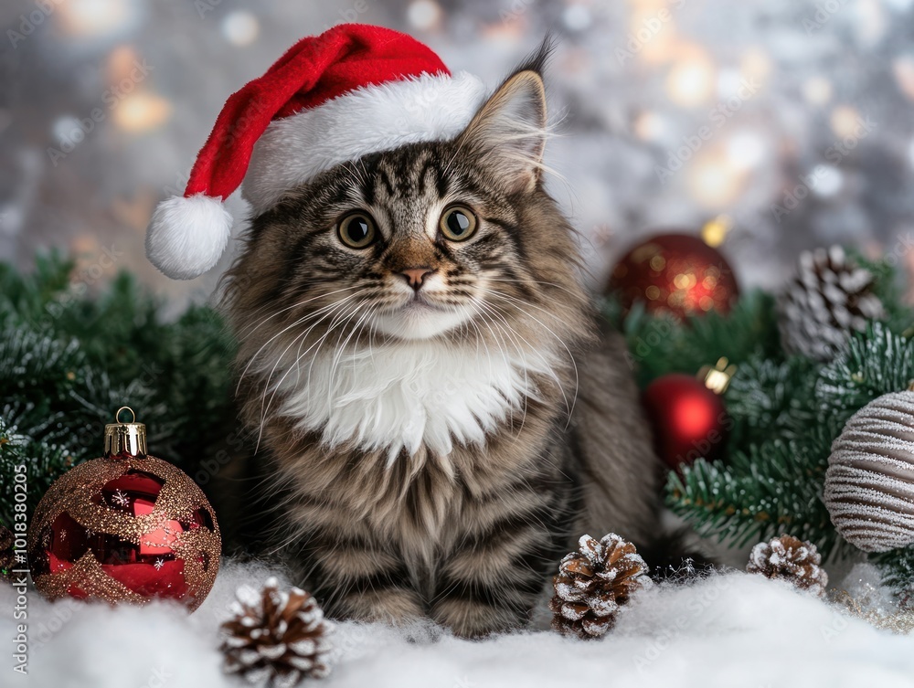 small maine coon cat in santa claus hat on christmas background small maine coon cat in santa claus hat on christmas background