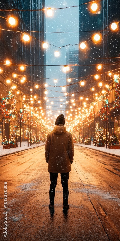 Person standing in snow-covered street adorned with glowing lights, winter evening. Person standing in snow-covered street adorned with glowing lights, winter evening.
