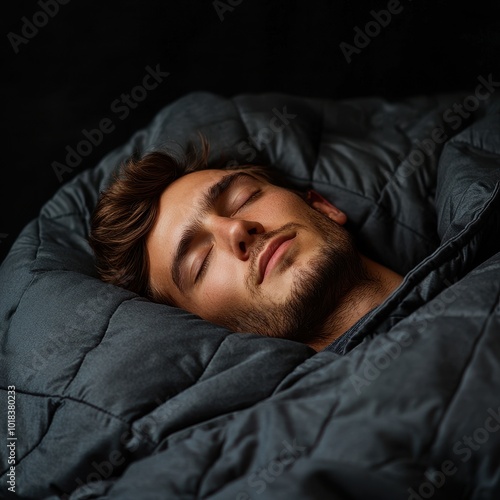 Relaxed young man sleeping peacefully in a cozy blanket.