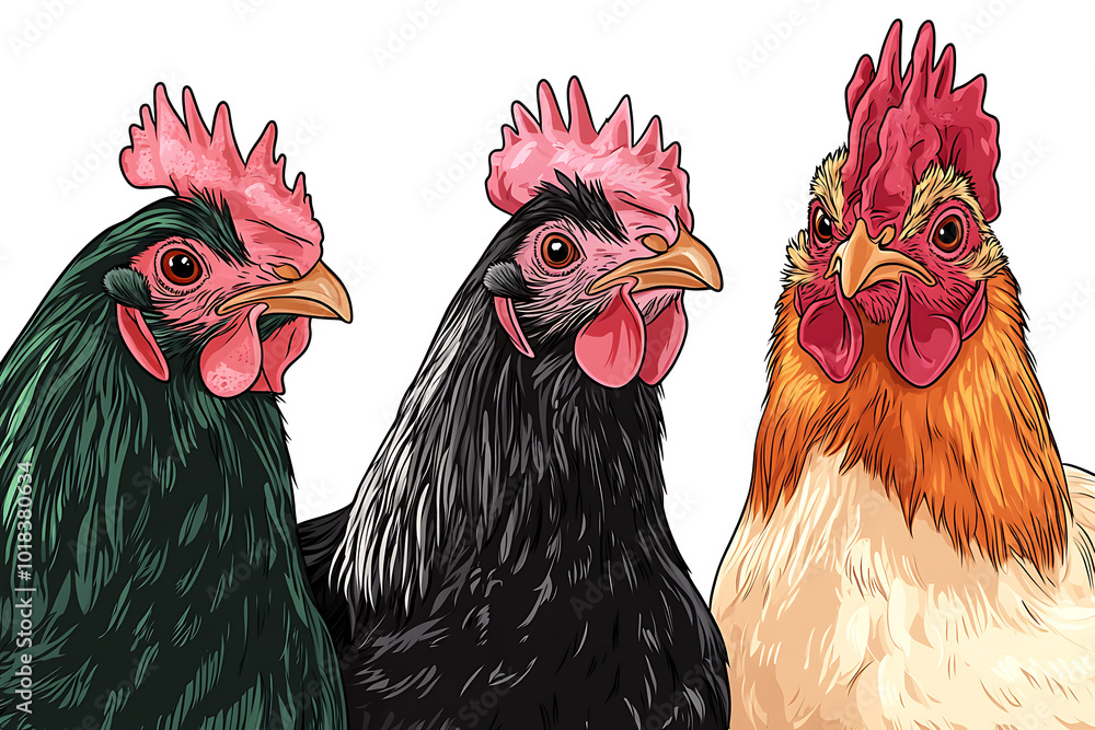 Fototapeta premium Three colorful chickens with distinct feather patterns and combs.