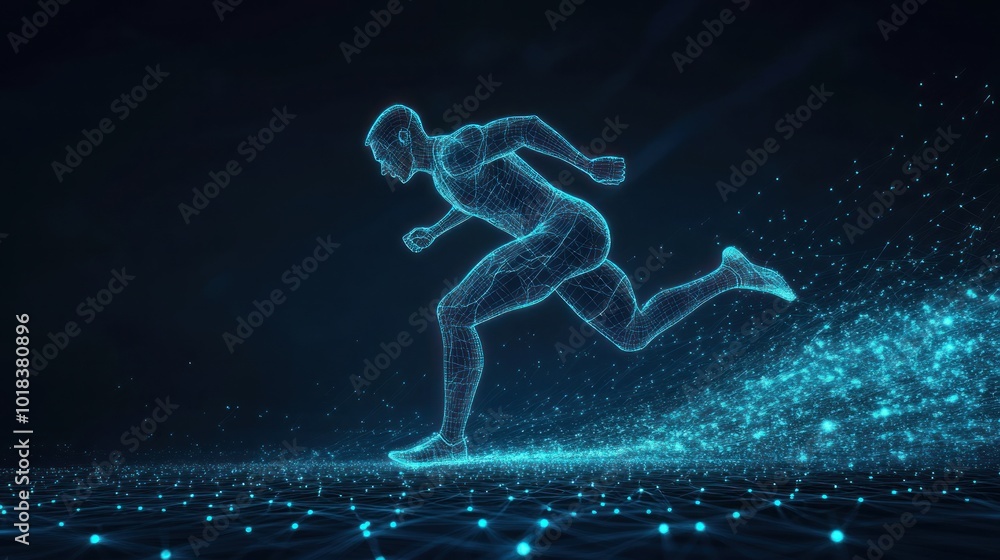 Naklejka premium Blue wireframe hologram of athlete running for sport technology and futuristic digital elements.