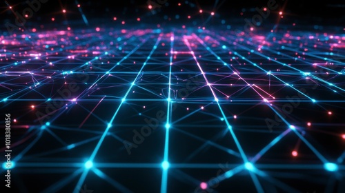 A network of glowing lines in neon colors, forming a digital grid pattern against a black background, evoking technology themes.