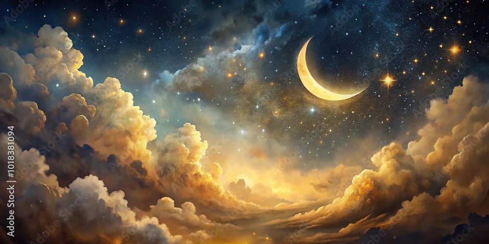 Fototapeta premium Night sky painting in gold and black with many tones of moon stars and clouds Worm's Eye View