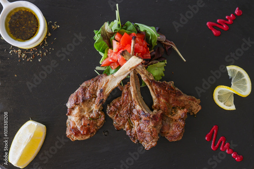 Costolette di agnello cotte sulla brace e servite con insalata di pomodori di contorno e salsa alle erbe photo