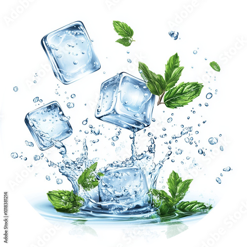 Refreshing Minty Drink With Frozen Cubes And Bubbles In 3d Isolated Realistic  Illustration. Includes Menthol, Peppermint, Spearmint, And Lemonade Flavors. photo