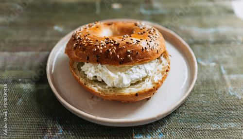 Fresh bagel with creamy cream cheese filling and sesame seeds. Tasty snack. Delicious food. photo