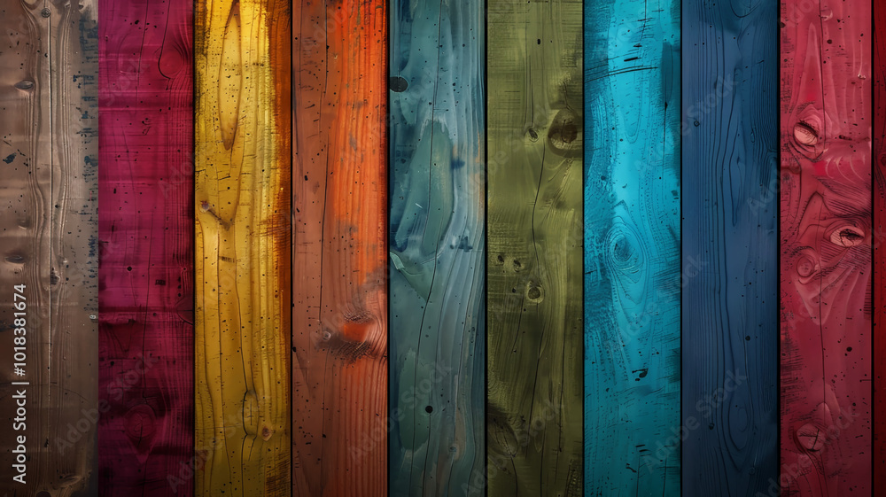 Wooden planks with a colorful, ombre-like effect in a wall-mounted arrangement Wooden planks with a colorful, ombre-like effect in a wall-mounted arrangement