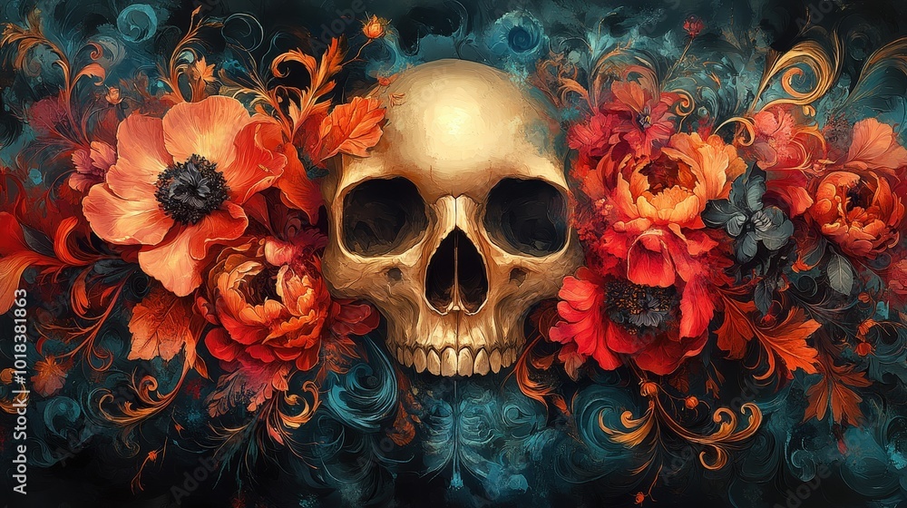 a skull in red mist and flowers on a black background, illustration, wallpaper, background a skull in red mist and flowers on a black background, illustration, wallpaper, background