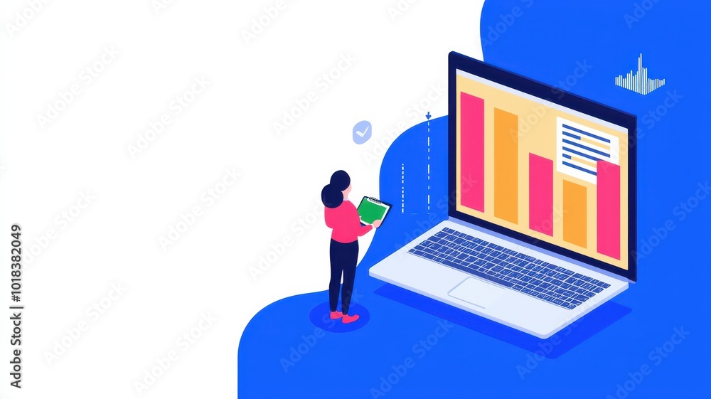 A person analyzes data displayed on a laptop screen featuring colorful bar graphs, emphasizing data visualization and analytics. A person analyzes data displayed on a laptop screen featuring colorful bar graphs, emphasizing data visualization and analytics.