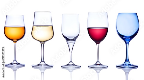 Set of Five Wine Glasses with Different Colored Liquids