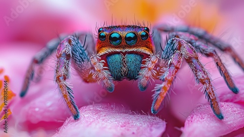 Colorful jumping spider on pink flower in detailed macro photography.