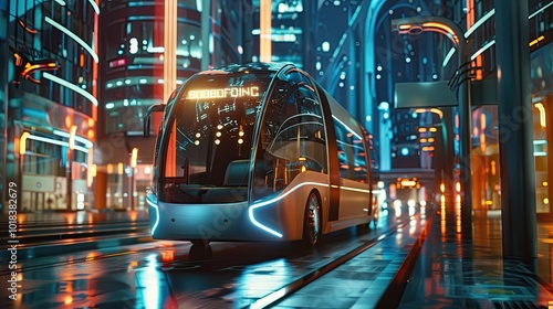 Autonomous bus with a futuristic design cruising through a smart city
