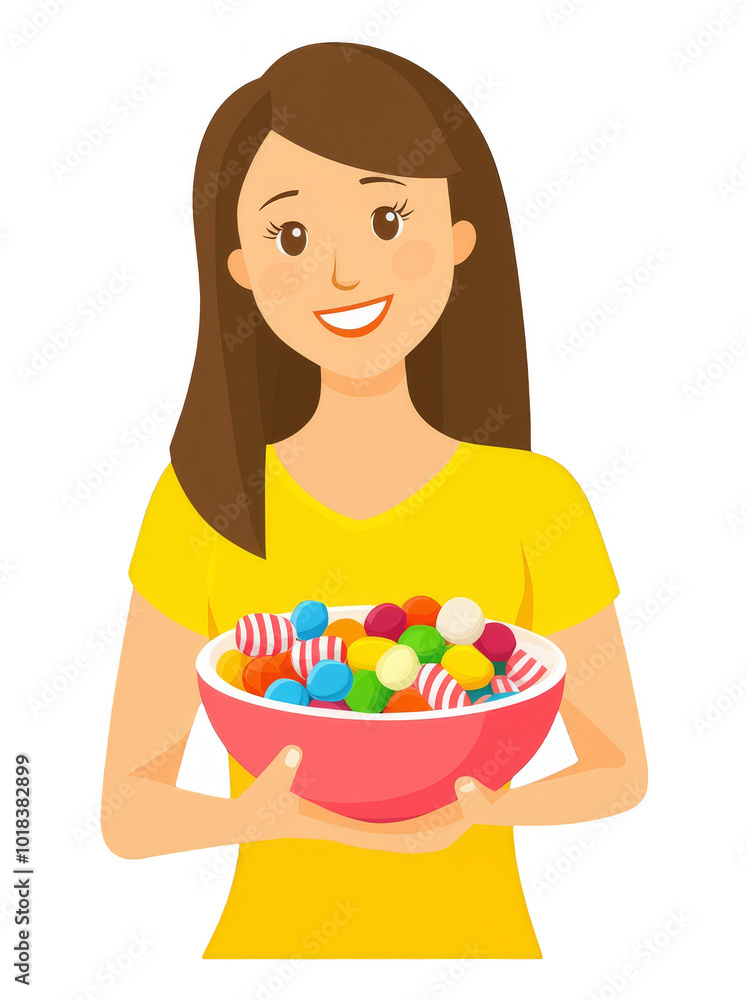 Cartoon Woman Holding Bowl of Colorful Candies - Transparent Background Illustration for Design Elements Cartoon Woman Holding Bowl of Colorful Candies - Transparent Background Illustration for Design Elements