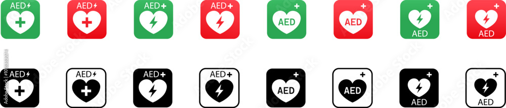 CPR and AED icon collection vector. CPR emergency defibrillator. Emergency defibrillator sign or icon.