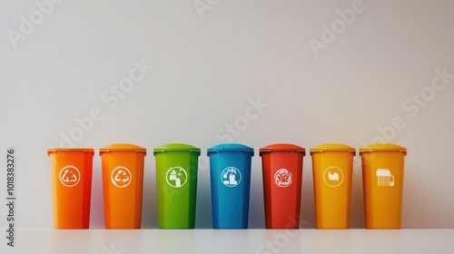 brightly colored recycling bins with simple icons representing different types of waste photo