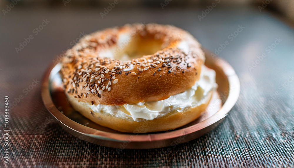 Fresh bagel with creamy cream cheese filling and sesame seeds. Tasty snack. Delicious food. Fresh bagel with creamy cream cheese filling and sesame seeds. Tasty snack. Delicious food.