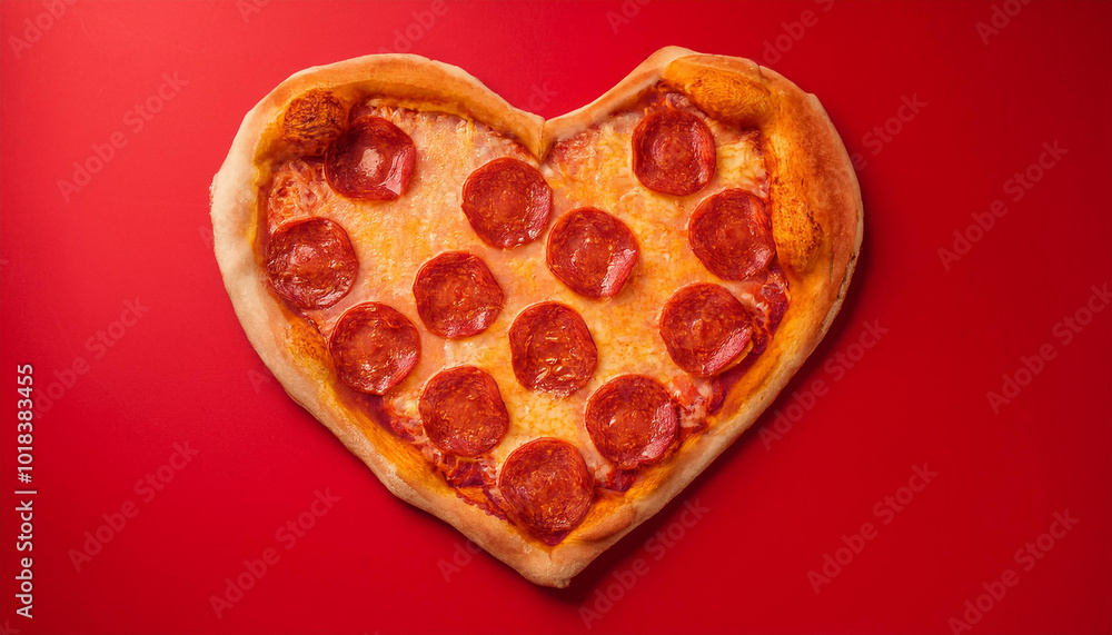 Heart shaped pepperoni pizza isolated on red background. Tasty fast food. Delicious snack. Heart shaped pepperoni pizza isolated on red background. Tasty fast food. Delicious snack.
