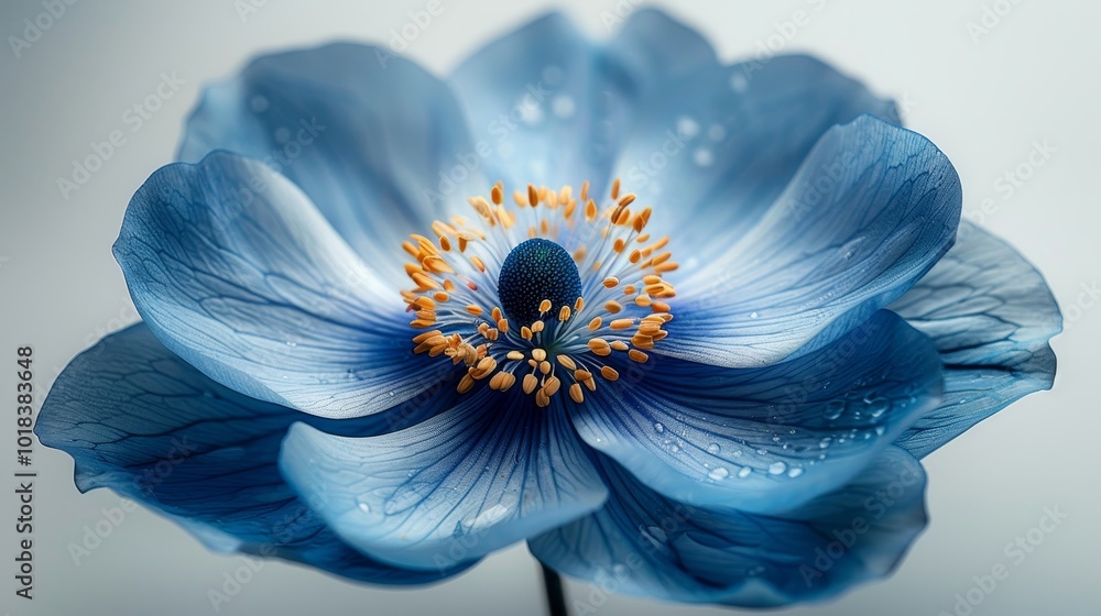 Obraz premium Blue Anemone Flower Blooming. Close Up Of Blue Color Anemone Flower With Yellow Stamens on Center