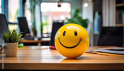 Positivity in the Workplace Illustrated by a Yellow Smiling Ball in a Modern Office Interior. This Image Highlights the Promotion of a Positive Work Environment  photo