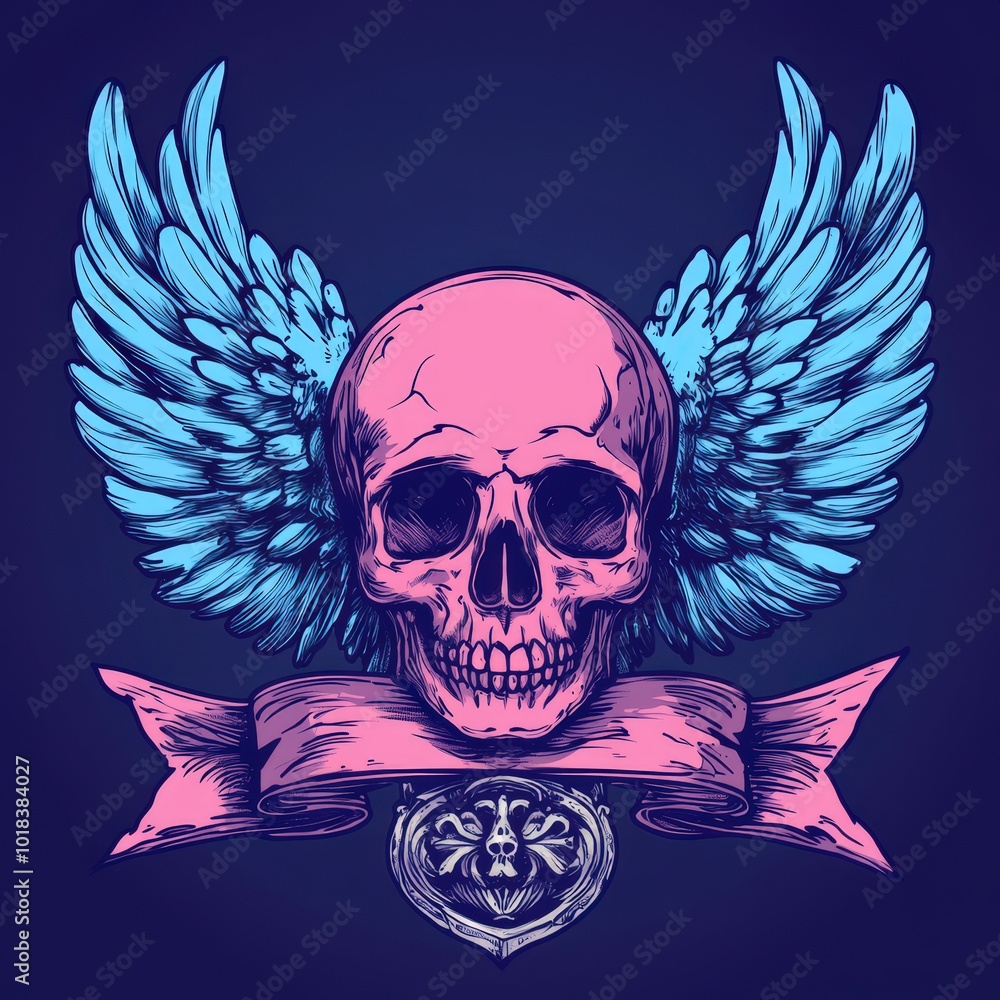 skull in pink and blue on a black background, wings, drawing, graffiti, illustration, wallpaper, colorful background skull in pink and blue on a black background, wings, drawing, graffiti, illustration, wallpaper, colorful background