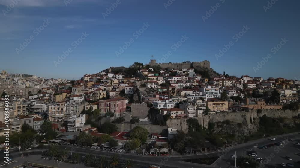 City of Kavala, Northern Greece, Aerial view with the city of Kavala in northern Greece, ancient aqu City of Kavala, Northern Greece, Aerial view with the city of Kavala in northern Greece, ancient aqu