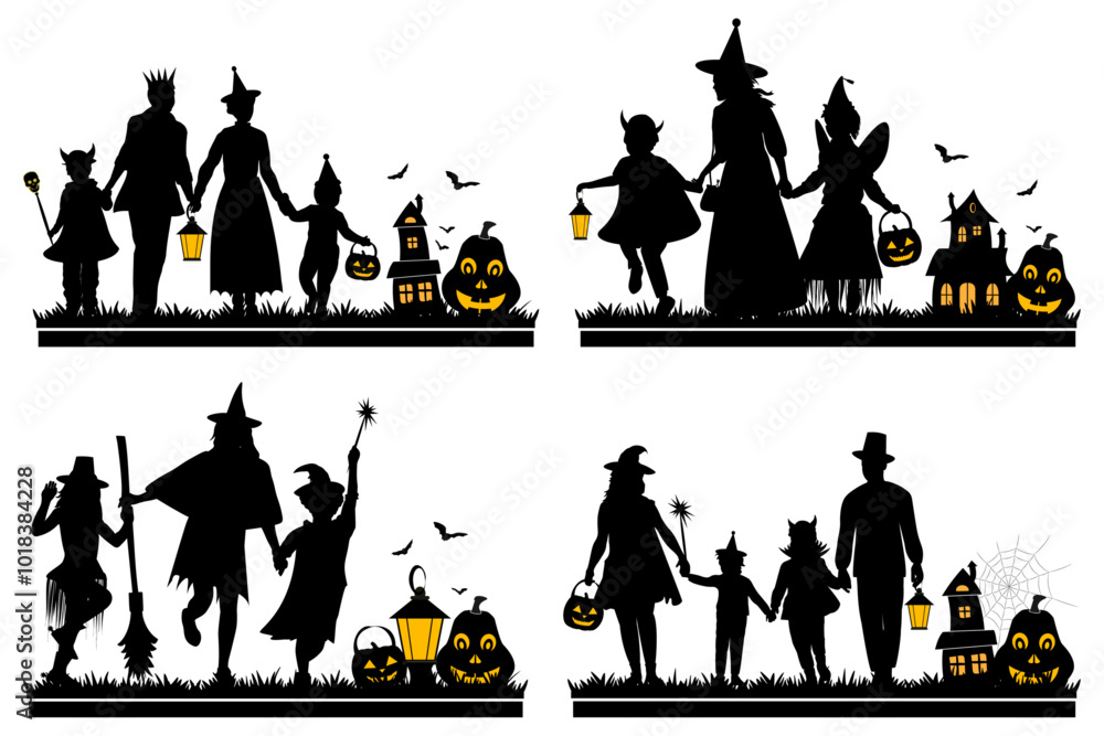 Naklejka premium Family silhouettes with halloween objects on white background. Happy Halloween. Vector illustration 