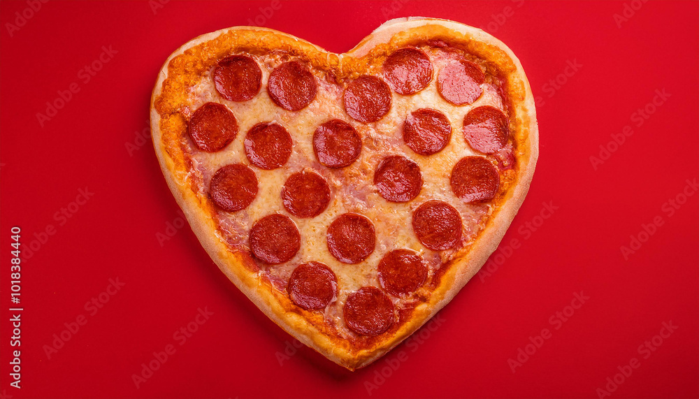 Heart shaped pepperoni pizza isolated on red background. Tasty fast food. Delicious snack. Heart shaped pepperoni pizza isolated on red background. Tasty fast food. Delicious snack.