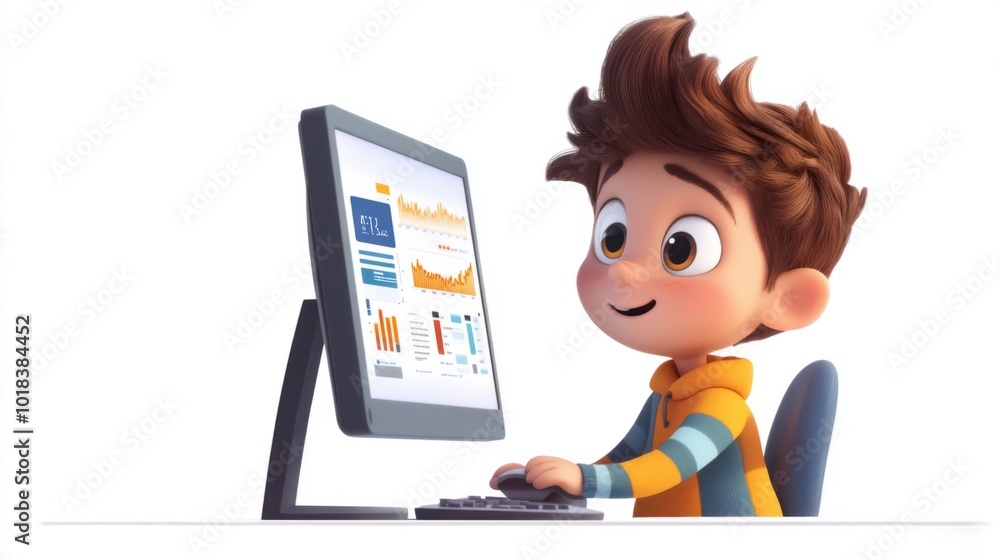 Adorable data analyst cartoon character looking at a computer screen with data, isolated on white background Adorable data analyst cartoon character looking at a computer screen with data, isolated on white background