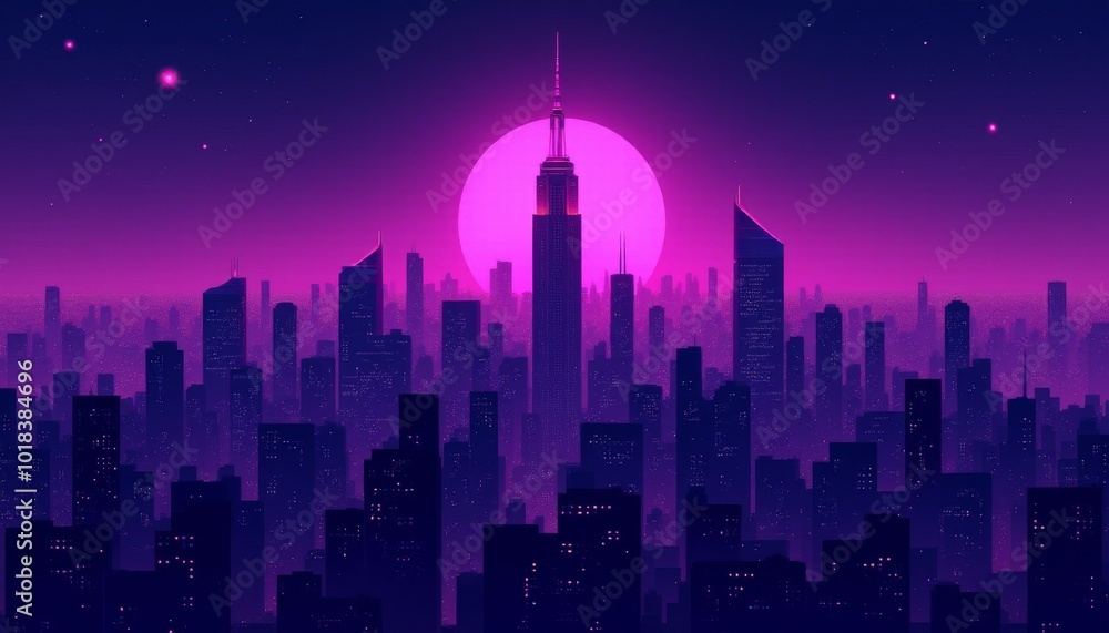 A city skyline with a large pink sun in the background A city skyline with a large pink sun in the background