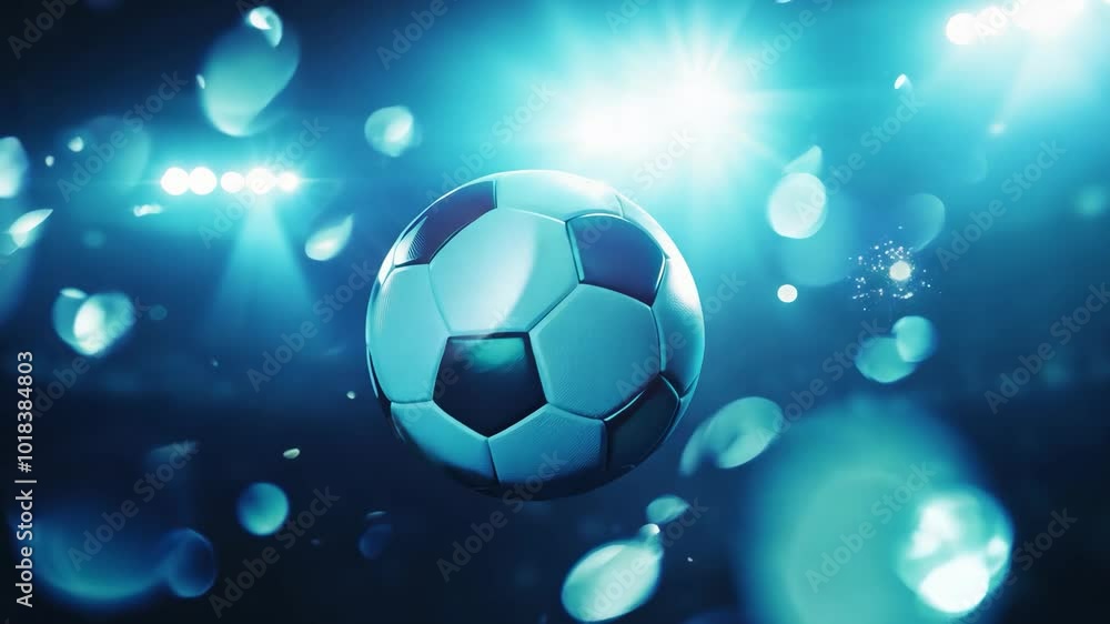 A soccer ball is flying through the air in a stadium. The stadium is lit up with bright lights, creating a lively atmosphere A soccer ball is flying through the air in a stadium. The stadium is lit up with bright lights, creating a lively atmosphere