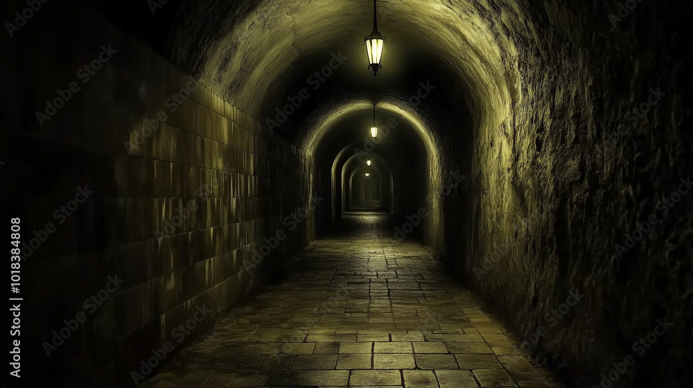 Dimly lit underground stone tunnel Dimly lit underground stone tunnel