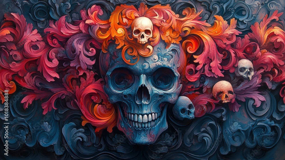 skull standing on colorful reliefs and patterns, illustration, wallpaper, background skull standing on colorful reliefs and patterns, illustration, wallpaper, background