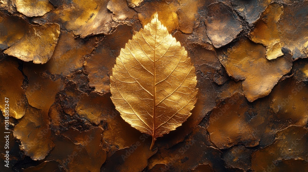 A single golden leaf stands out against a background of textured golden and brown tones. A single golden leaf stands out against a background of textured golden and brown tones.
