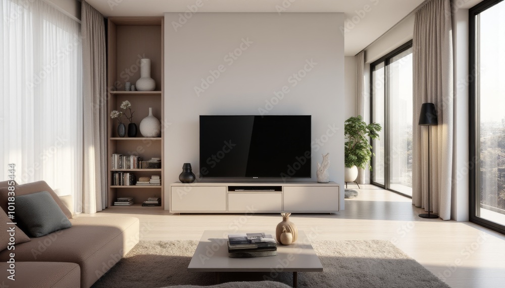 A living room with a large flat screen TV and a potted plant A living room with a large flat screen TV and a potted plant