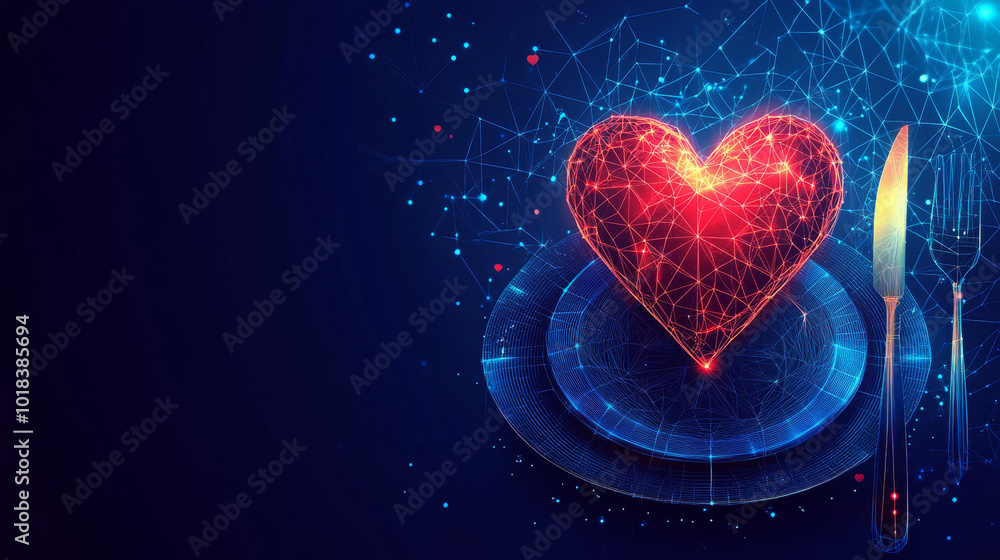 A modern Valentine's Day dinner invitation with a dark blue background. It features a glowing, geometric knife, fork, plate, and a bright red heart.low poly wireframe. A modern Valentine's Day dinner invitation with a dark blue background. It features a glowing, geometric knife, fork, plate, and a bright red heart.low poly wireframe.