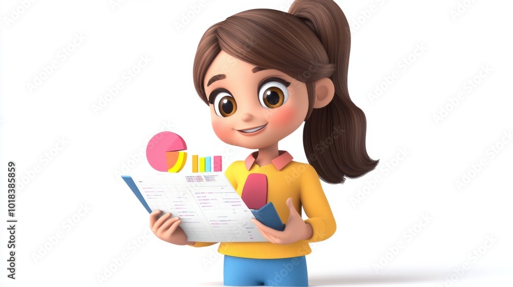 Cute cartoon data analyst reviewing pie charts and data, isolated on a white background Cute cartoon data analyst reviewing pie charts and data, isolated on a white background