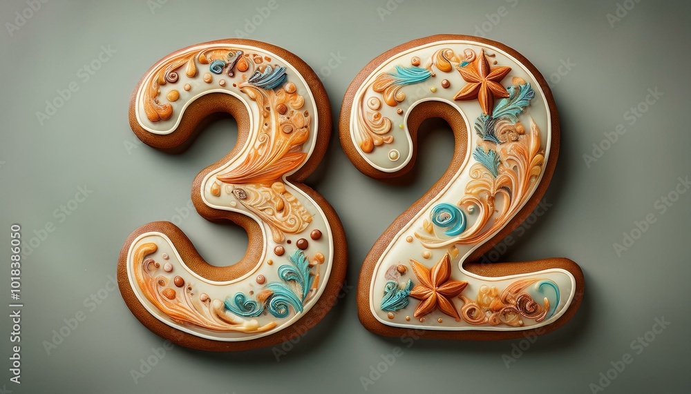 Decorated cookie, number 32, illustration for birthday or anniversary celebration Decorated cookie, number 32, illustration for birthday or anniversary celebration