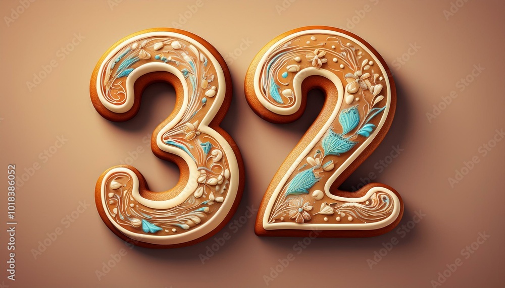 Decorated cookie, number 32, illustration for birthday or anniversary celebration Decorated cookie, number 32, illustration for birthday or anniversary celebration