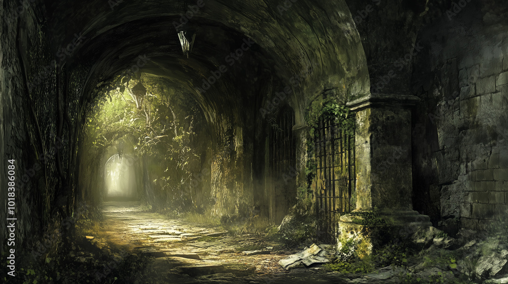 Sunlit overgrown stone tunnel with vines Sunlit overgrown stone tunnel with vines