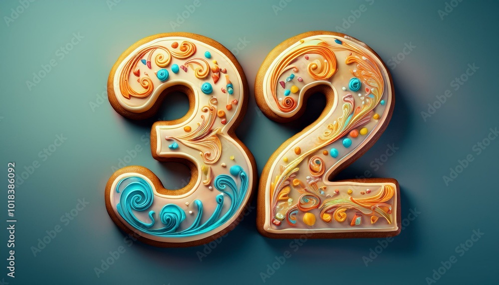 Decorated cookie, number 32, illustration for birthday or anniversary celebration Decorated cookie, number 32, illustration for birthday or anniversary celebration