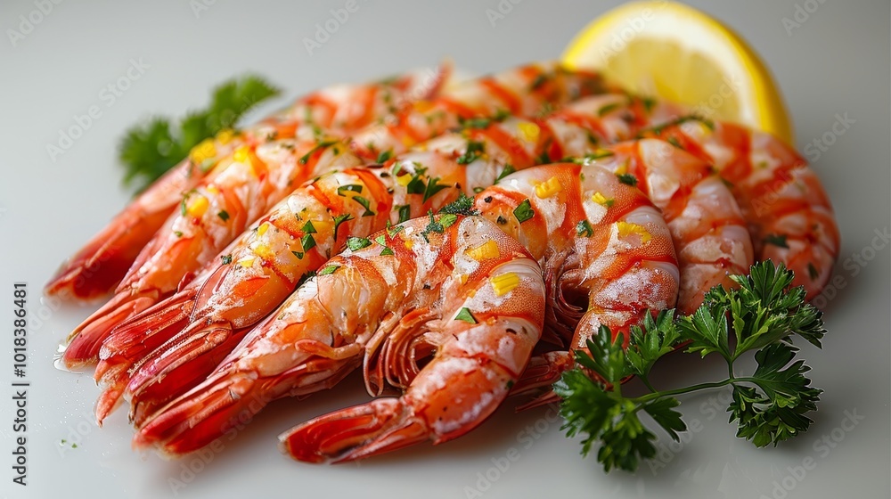 Grilled Tiger Prawns with Parsley and Lemon, Delicious Seafood Dish on White Background Grilled Tiger Prawns with Parsley and Lemon, Delicious Seafood Dish on White Background