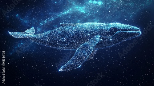 A luminous starry whale gracefully swims through the galactic expanse, offering a sense of tranquility and imaginative artistry in the endless cosmos. photo