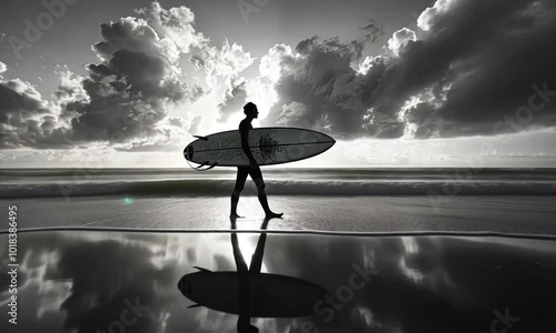 Tired man after training on surfboard. Tired but self-satisfied male surfer satisfied with work done and surf training undertaken. Surfer man, silhouette side view