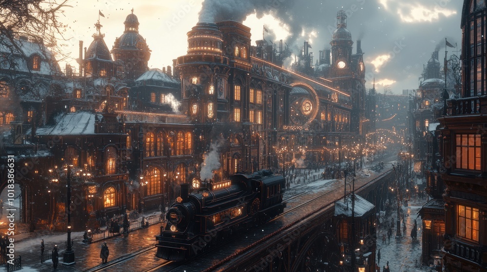Fototapeta premium A steampunk train pulls into a snow-covered city at dusk, with ornate buildings and glowing streetlights.