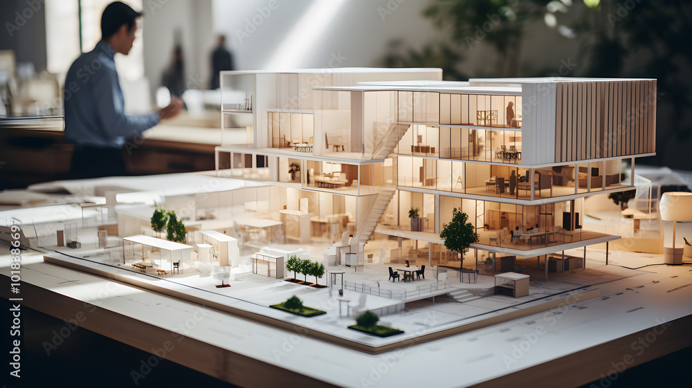 architect presentation modern, luxury apartment building model in a clean office space, highlighting the design and structure of a future residential project in an upscale village area. architect presentation modern, luxury apartment building model in a clean office space, highlighting the design and structure of a future residential project in an upscale village area.